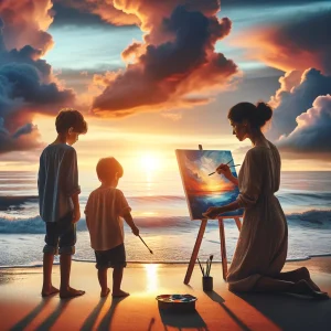 Widow mother painting at the beach with her sons who have lost their father